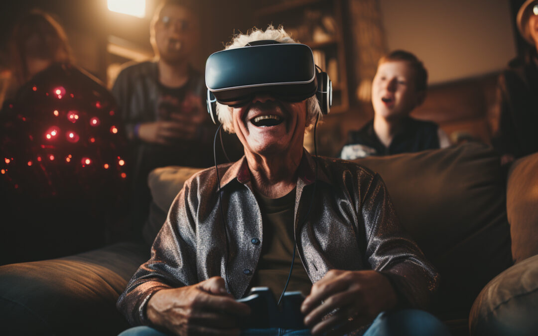 Happy family gamer of little granddaughter and grandparents in vr glasses playing video games enjoy virtual world in living room. Entertainment technology online together at home. High quality photo