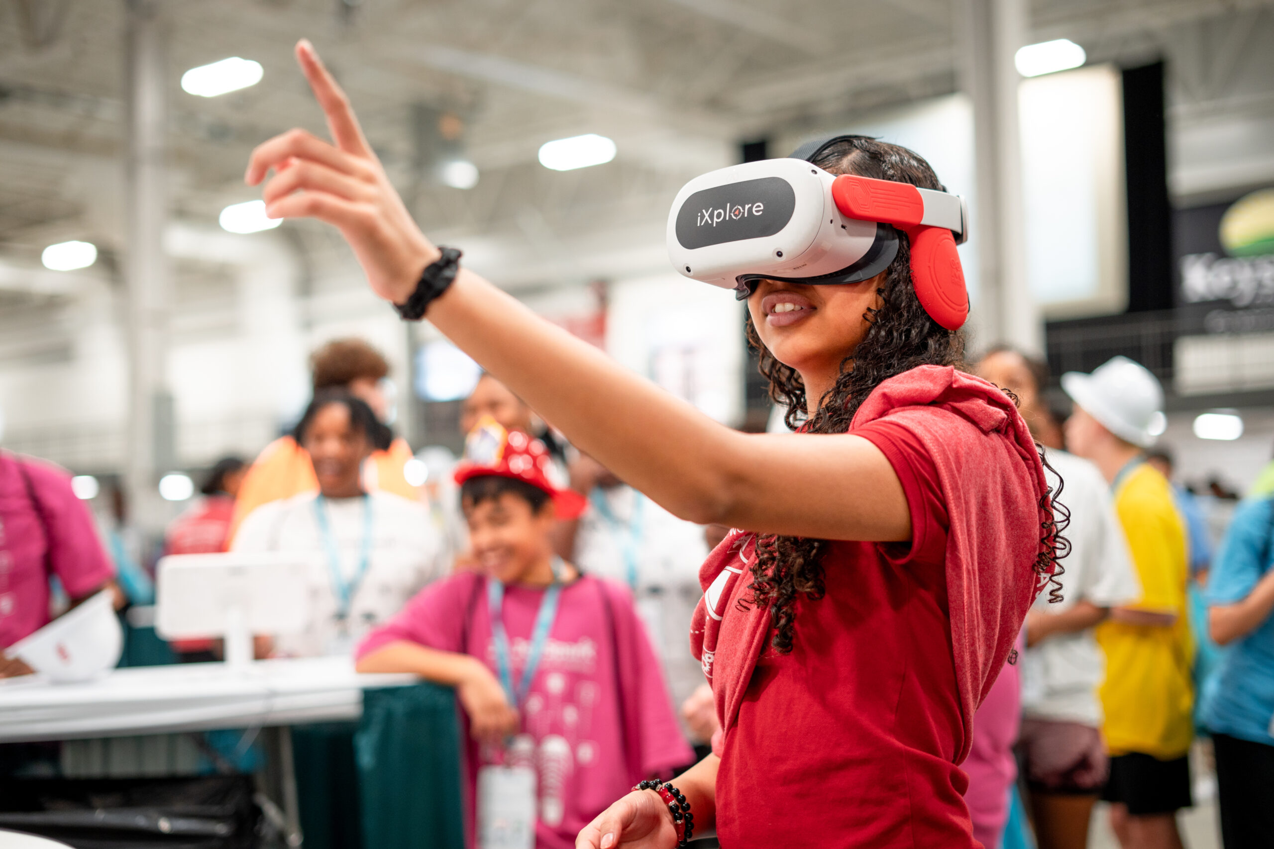 Student wearing VR headset engaging in career exploration environment.